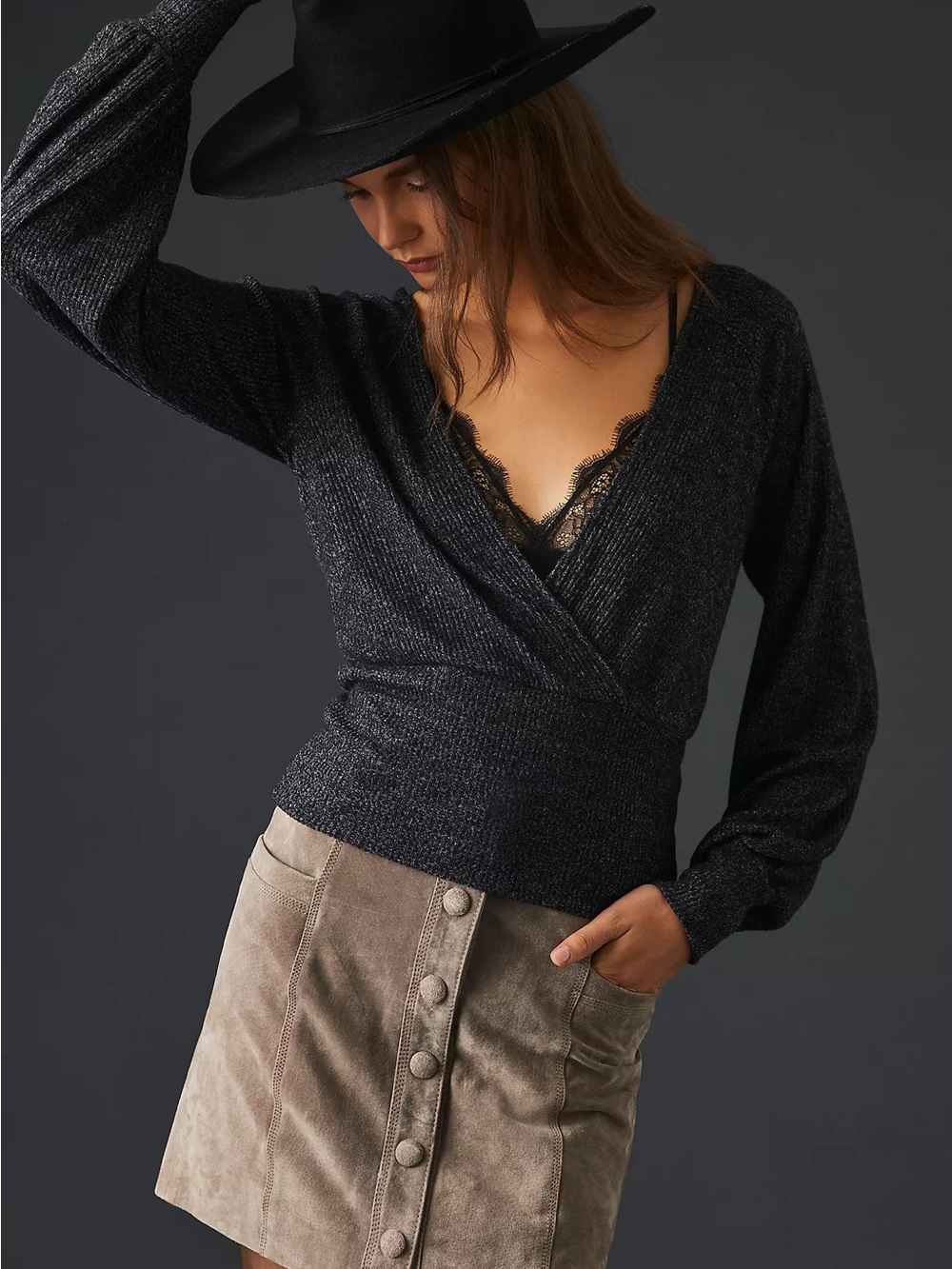Anthropologie Charcoal Metallic Wrap V-Neck Sweater